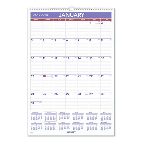 Erasable Wall Calendar, 15.5 X 22.75, White, 2021