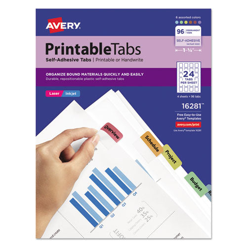 Printable Plastic Tabs With Repositionable Adhesive, 1-5-cut Tabs, Assorted Colors, 1.25