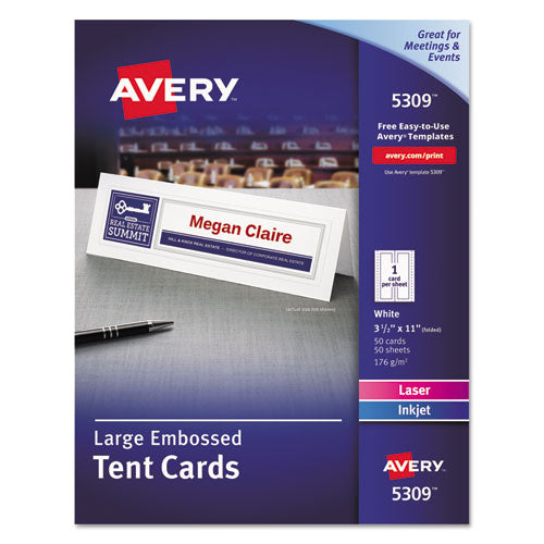 Large Embossed Tent Card, White, 3 1-2 X 11, 1 Card-sheet, 50-box