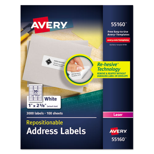 Repositionable Address Labels W-surefeed, Laser, 1 X 2 5-8, White, 3000-box