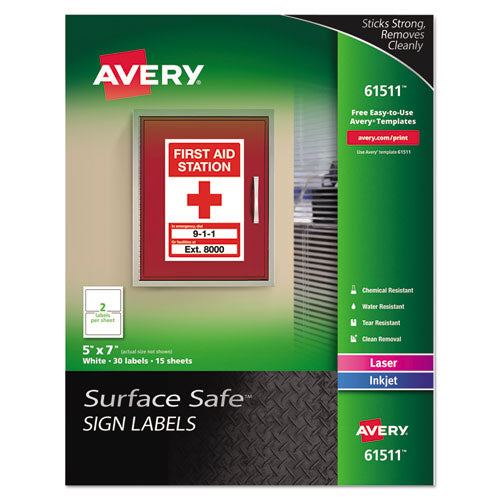 Surface Safe Removable Label Safety Signs, Inkjet-laser Printers, 5 X 7, White, 2-sheet, 15 Sheets-pack