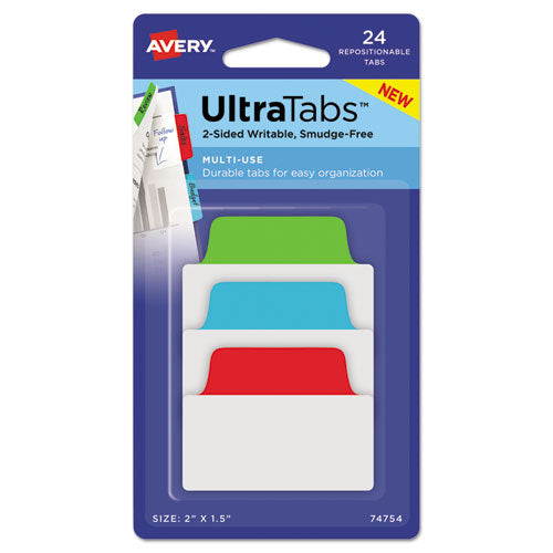Ultra Tabs Repositionable Standard Tabs, 1-5-cut Tabs, Assorted Primary Colors, 2