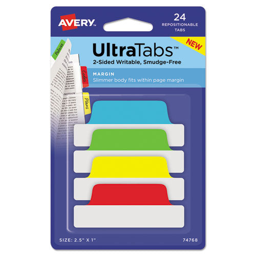 Ultra Tabs Repositionable Margin Tabs, 1-5-cut Tabs, Assorted Primary Colors, 2.5