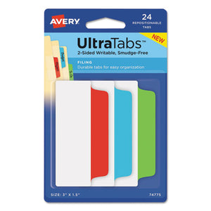 Ultra Tabs Repositionable Wide Tabs, 1-3-cut Tabs, Assorted Primary Colors, 3" Wide, 24-pack