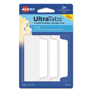 Ultra Tabs Repositionable Wide Tabs, 1-3-cut Tabs, White, 3" Wide, 24-pack