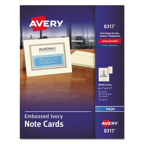 Embossed Note Cards, Inkjet, 4 1-4 X 5 1-2, Matte Ivory, 60-pk W-envelopes