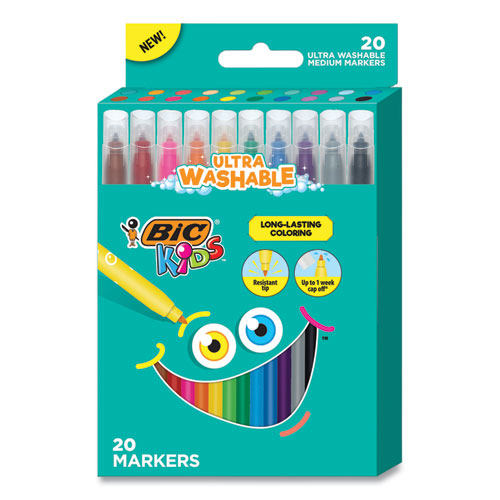 Kids Ultra Washable Markers, Medium Bullet Tip, Assorted Colors, 20-pack