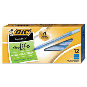 Round Stic Xtra Life Stick Ballpoint Pen, 1 Mm, Blue Ink, Translucent Blue Barrel, Dozen