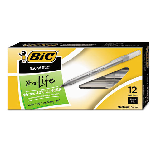 Round Stic Xtra Life Stick Ballpoint Pen, 1 Mm, Black Ink, Smoke Barrel, Dozen