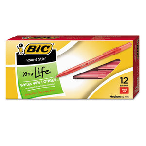 Round Stic Xtra Life Stick Ballpoint Pen, 1 Mm, Red Ink, Translucent Red Barrel, Dozen