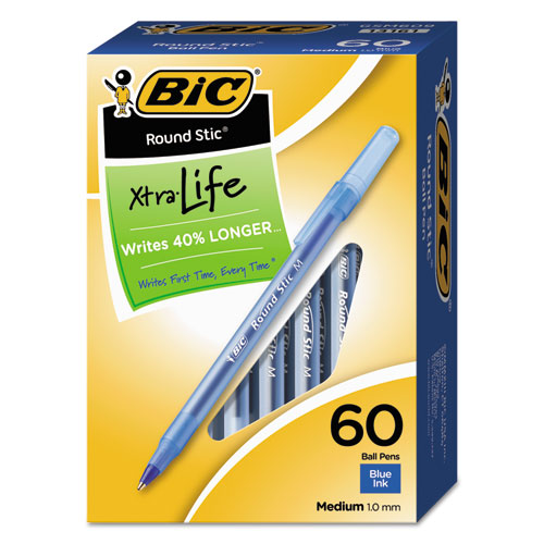 Round Stic Xtra Life Stick Ballpoint Pen Value Pack, 1 Mm, Blue Ink, Translucent Blue Barrel, 60-box