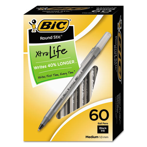 Round Stic Xtra Life Stick Ballpoint Pen Value Pack, 1 Mm, Black Ink, Smoke Barrel, 60-box