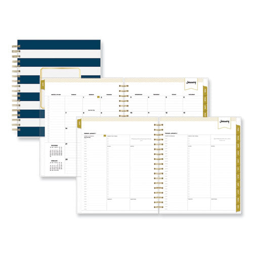 Day Designer Navy Stripe Daily/monthly Planner, Navy Stripe Artwork, 10 X 8, Navy/white/gold Cover, 12-month (jan-dec): 2024