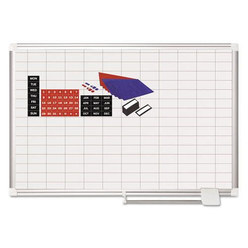Grid Planning Board W- Accessories, 1 X 2 Grid, 36 X 24, White-silver
