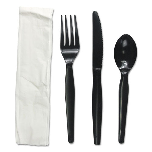 Four-piece Cutlery Kit, Fork-knife-napkin-teaspoon, Heavyweight, Black, 250-carton
