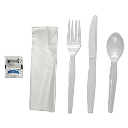 Six-piece Cutlery Kit, Condiment-fork-knife-napkin-spoon, Heavyweight, White, 250-carton
