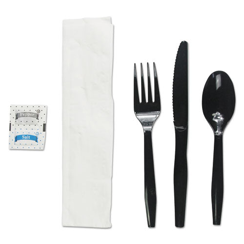 Six-piece Cutlery Kit, Condiment-fork-knife-napkin-teaspoon, Black, 250-carton