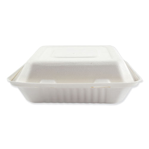 Bagasse Molded Fiber Food Containers, Hinged-lid, 3-compartment 9 X 9, White, 100-sleeve, 2 Sleeves-carton