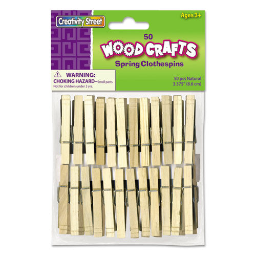 Wood Spring Clothespins, 3.38 Length, 50 Clothespins-pack