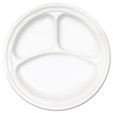 Plastic Plates, 9 Inches, White, 3 Compartments, Round, 125-pack