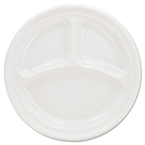 Plastic Plates, 9 Inches, White, 3 Compartments, Round, 125-pack