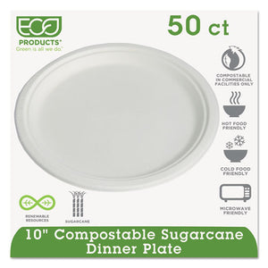 Compostable Sugarcane Dinnerware, 10" Plate, Natural White, 50-pack