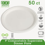 Renewable And Compostable Sugarcane Plates, 9", 50-packs