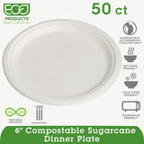 Renewable And Compostable Sugarcane Plates Convenience Pack, 6", 50-packs