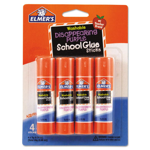 Washable School Glue Sticks, 0.24 Oz, Applies Purple, Dries Clear, 4-pack