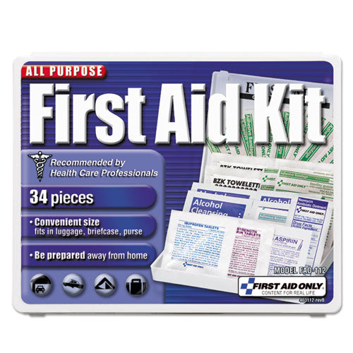 All-purpose First Aid Kit, 34 Pieces, 3 3-4 X 4 3-4 X 1-2, Blue-white