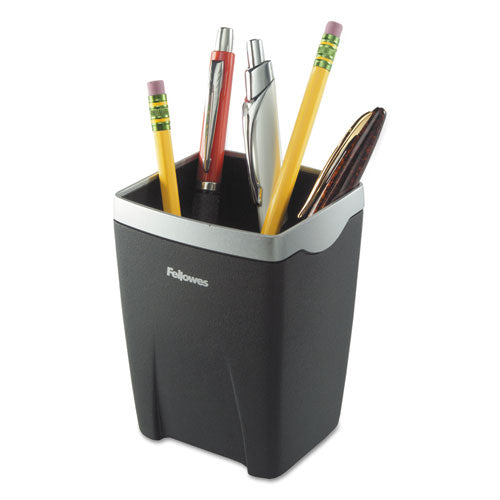Office Suites Divided Pencil Cup, Plastic, 3 1-16 X 3 1-16 X 4 1-4, Black-silver