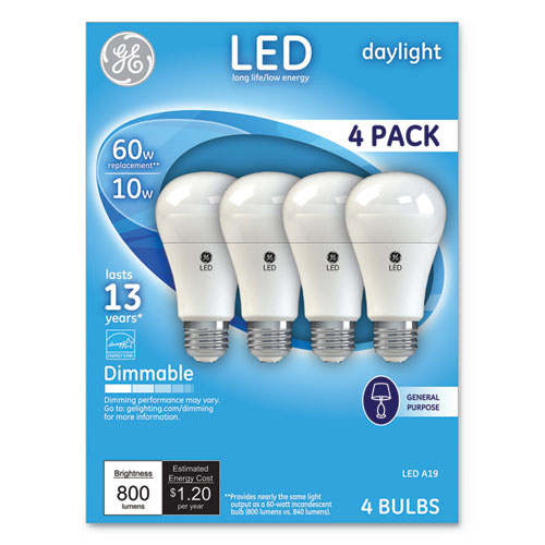 Led Daylight A19 Dimmable Light Bulb, 10 W, 4-pack
