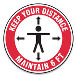 Slip-gard Social Distance Floor Signs, 12" Circle, "keep Your Distance Maintain 6 Ft", Human-arrows, Red-white, 25-pack