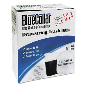 Drawstring Trash Bags, 13 Gal, 0.8 Mil, 24" X 28", White, 480-carton