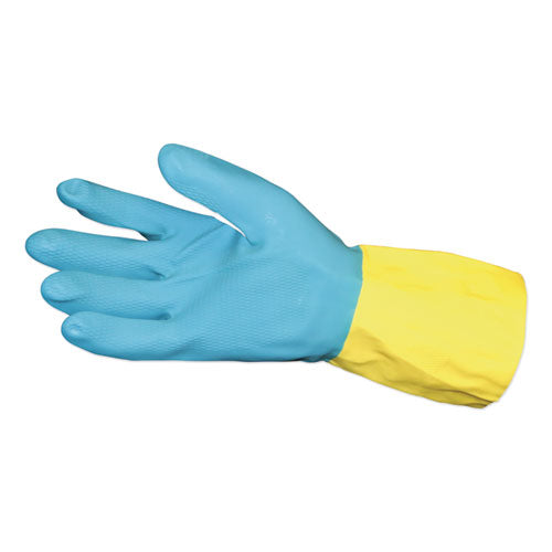 Flocked Lined Neoprene Over Latex Gloves, Powder-free, Blue-yellow, Large, Dozen