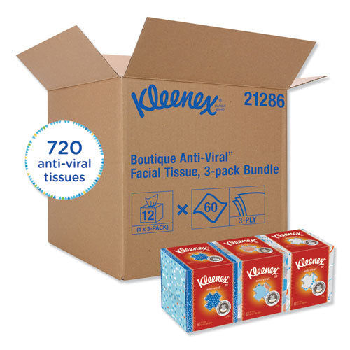 Boutique Anti-viral Facial Tissue, 3-ply, White, Pop-up Box, 60 Sheets-box, 3 Boxes-pack, 4 Packs-carton
