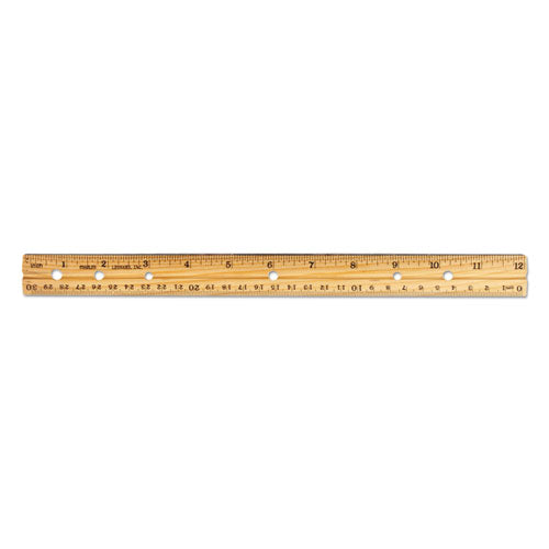 Beveled Wood Ruler W-single Metal Edge, 3-hole Punched, 12
