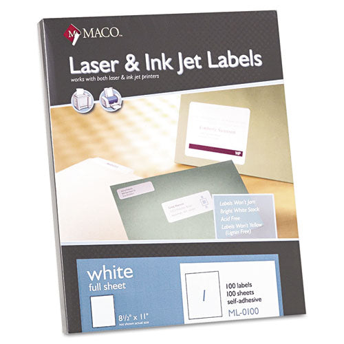 White Laser-inkjet Full-sheet Identification Labels, Inkjet-laser Printers, 8.5 X 11, White, 100-box