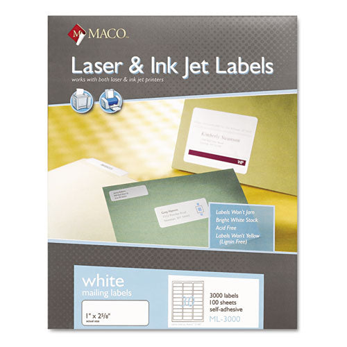 White Laser-inkjet Shipping And Address Labels, Inkjet-laser Printers, 1 X 2.63, White, 30-sheet, 100 Sheets-box