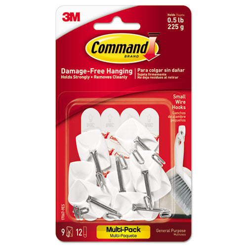 General Purpose Wire Hooks Multi-pack, Small, 0.5 Lb Cap, White, 9 Hooks And 12 Strips-pack
