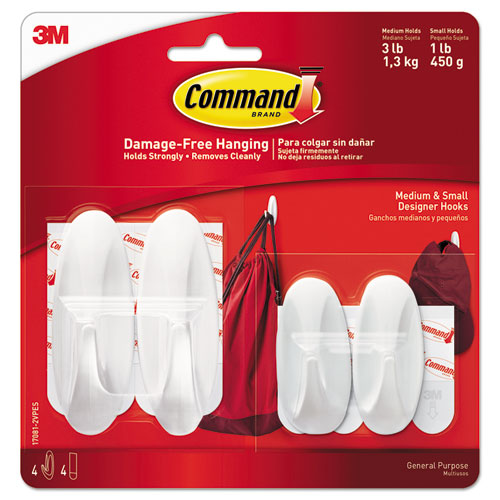 General Purpose Designer Hooks, Small-medium, 3 Lb Cap, White, 4 Hooks And 4 Strips-pack