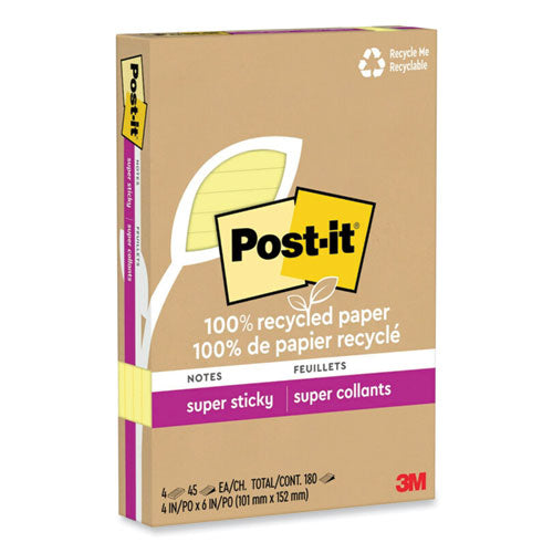 100% Recycled Paper Super Sticky Notes, Ruled, 4