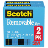 Removable Tape, 1" Core, 0.75" X 36 Yds, Transparent, 2-pack