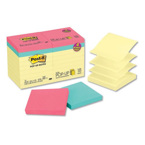 Original Pop-up Notes Value Pack, 3 X 3, Canary-cape Town, 100-sheet, 18-pack