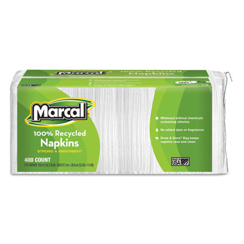 100% Recycled Lunch Napkins, 1-ply, 11.4 X 12.5, White, 400-pack