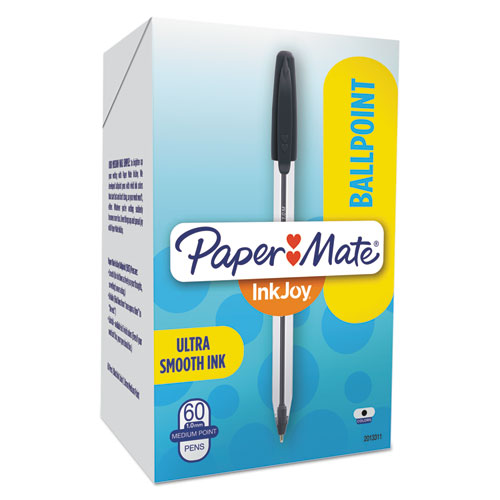 Inkjoy 50st Stick Ballpoint Pen, 1mm, Black Ink, White-black Barrel, 60-pack