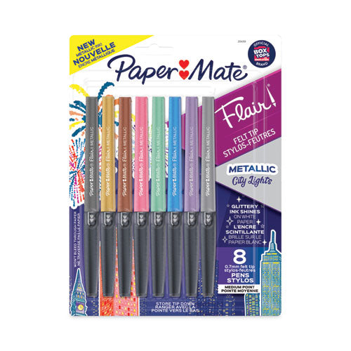 Flair Metallic Porous Point Pen, Stick, Medium 0.7 Mm, Assorted Ink And Barrel Colors, 8-pack