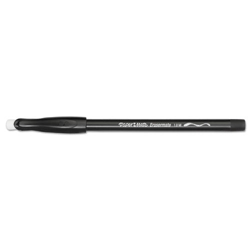 Eraser Mate Stick Ballpoint Pen, Medium 1mm, Black Ink-barrel, Dozen