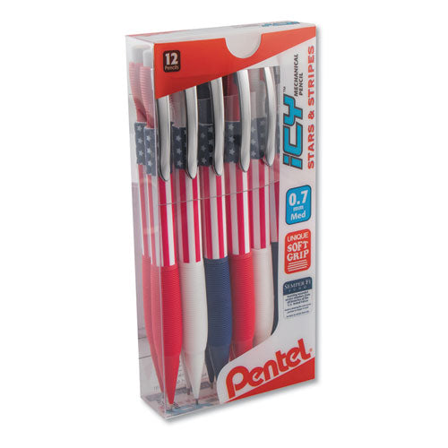 Icy Mechanical Pencil, 0.7 Mm, Hb (#2.5), Black Lead, Blue-red-white Barrel, Dozen