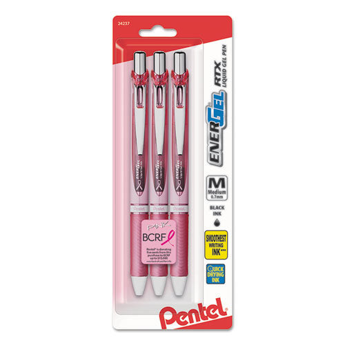 Energel Rtx Retractable Gel Pen, Medium 0.7 Mm, Black Ink, Pink Barrel, 3-pack